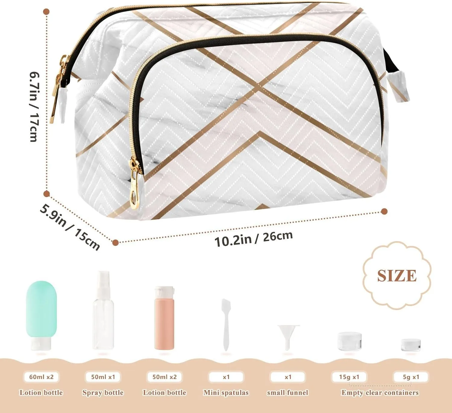 White Pink Marble Background with Golden Geometric Shapes Women Cosmetic Bag Makeup Bag Stylish Trip Beauty Bag Travel Toiletry Bag with Bottle Organizer 10.2 x 5.9 x 6.7 inch