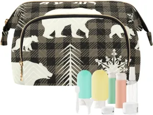 White Silhouettes of Fir Tree Snowflake Bear on Black Brown Checker Women Cosmetic Bag Makeup Bag Stylish Trip Beauty Bag Travel Toiletry Bag with Bottle Organizer 10.2 x 5.9 x 6.7 inch