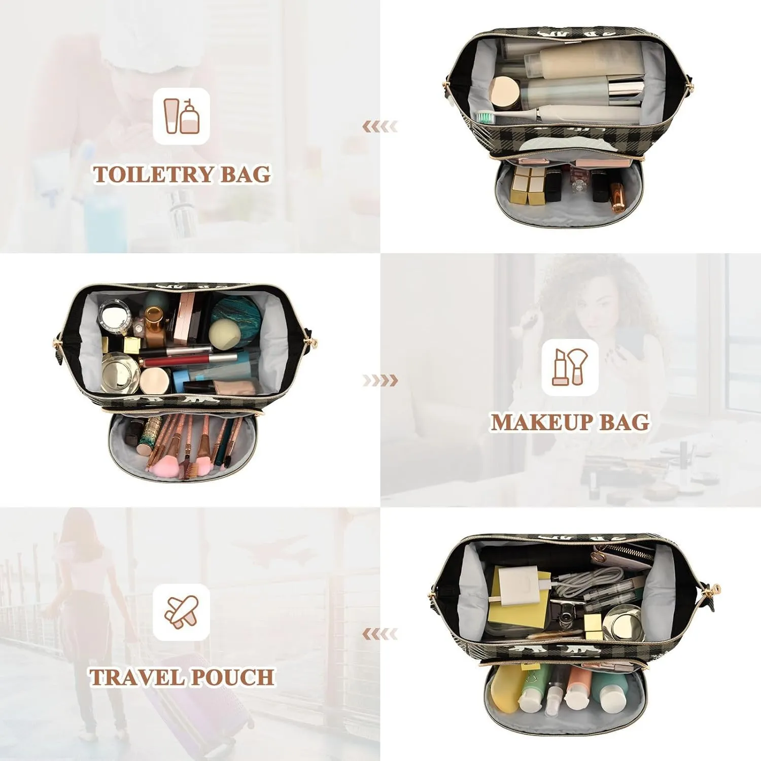White Silhouettes of Fir Tree Snowflake Bear on Black Brown Checker Women Cosmetic Bag Makeup Bag Stylish Trip Beauty Bag Travel Toiletry Bag with Bottle Organizer 10.2 x 5.9 x 6.7 inch