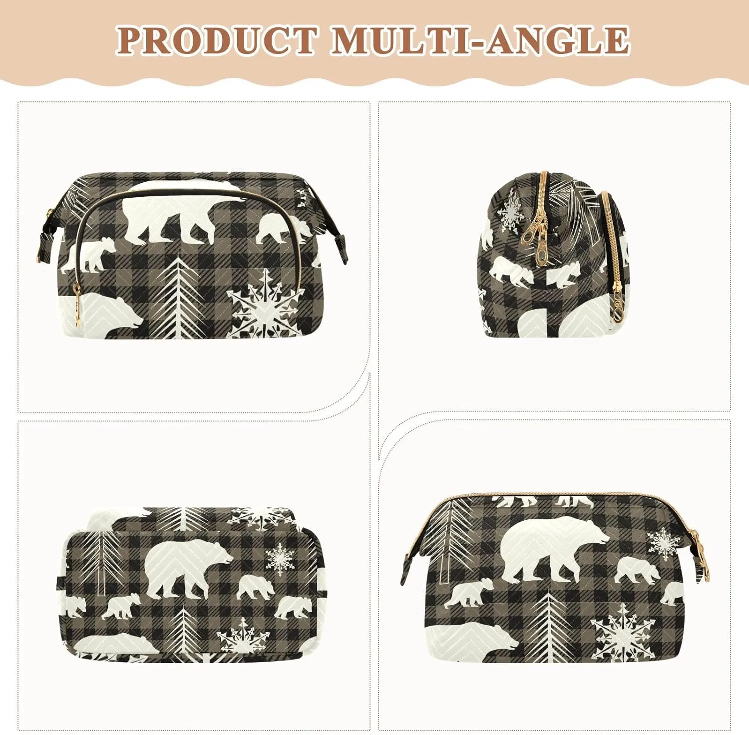 White Silhouettes of Fir Tree Snowflake Bear on Black Brown Checker Women Cosmetic Bag Makeup Bag Stylish Trip Beauty Bag Travel Toiletry Bag with Bottle Organizer 10.2 x 5.9 x 6.7 inch