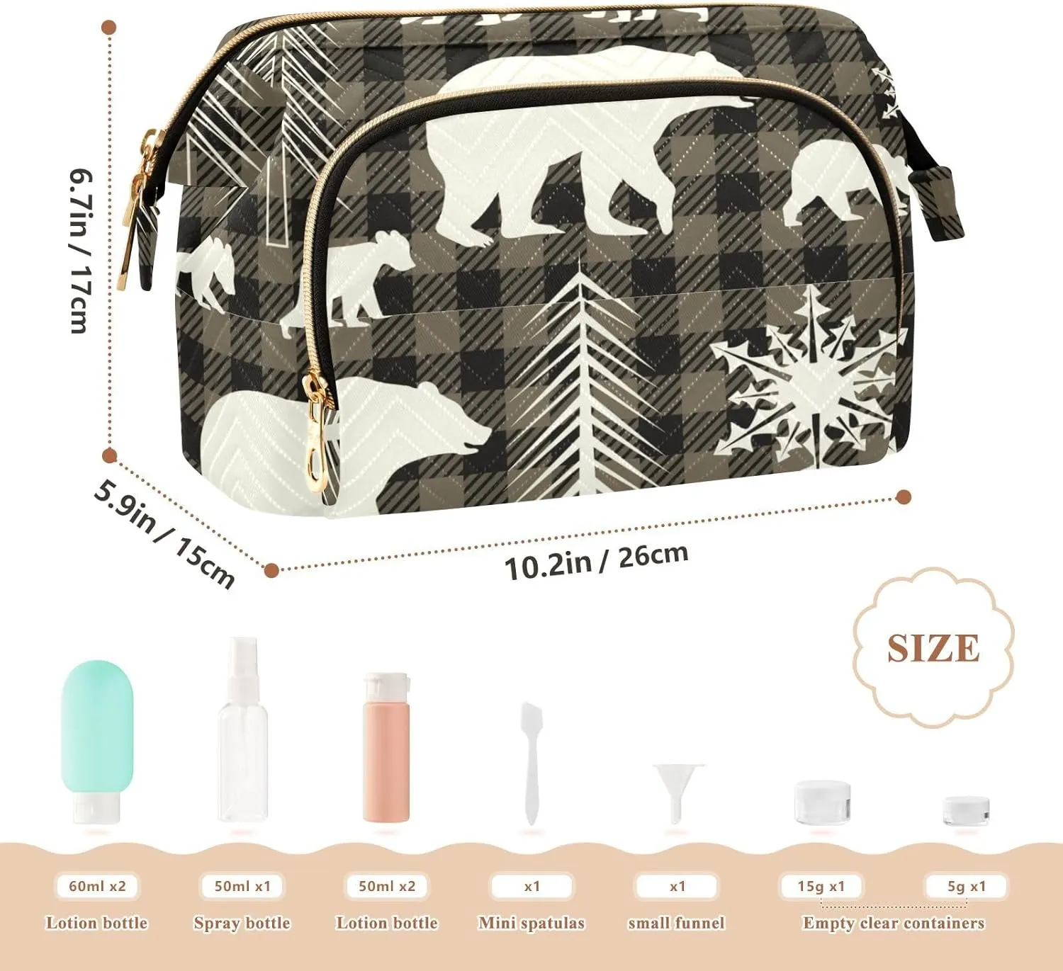 White Silhouettes of Fir Tree Snowflake Bear on Black Brown Checker Women Cosmetic Bag Makeup Bag Stylish Trip Beauty Bag Travel Toiletry Bag with Bottle Organizer 10.2 x 5.9 x 6.7 inch