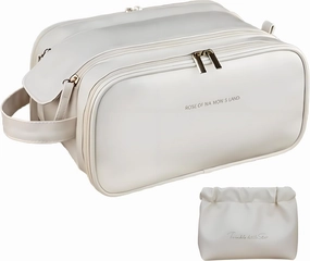 White Waterproof Makeup Bag with Free Small Cosmetic Pouch, Large Travel Makeup Organizer for Women, Portable Vertical Makeup Storage Bag & Brush Holder (2-Piece Set) (white)