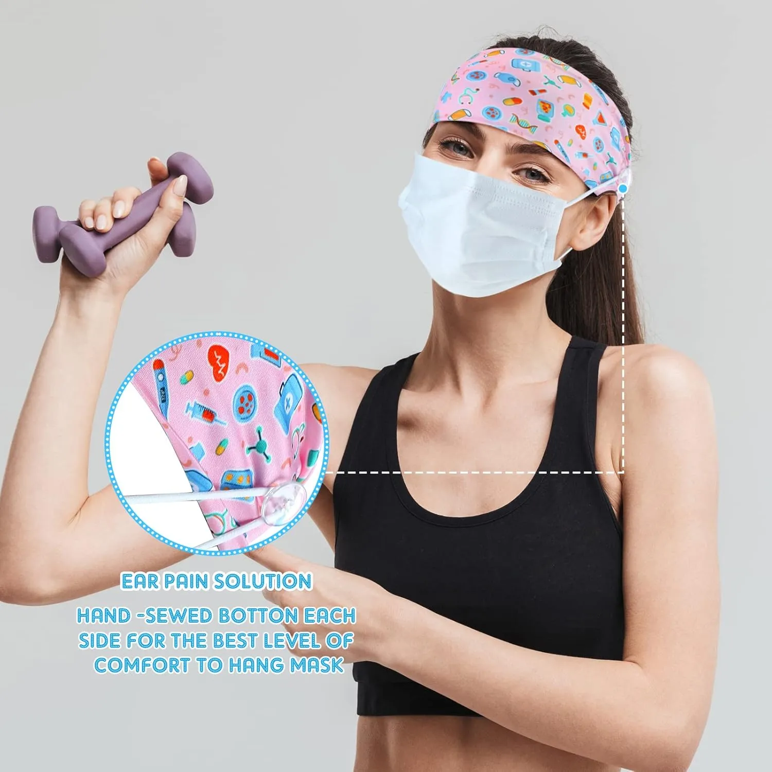 WILLBOND 8 Pieces Nursing Headbands with Buttons for Nurses Doctors Women Face Covering Ear Protection Holder Non Slip Elastic Hair Bands Wide Head Wraps for Spa Yoga Sports Workout (Fresh Patterns)
