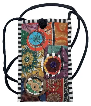Women's Handmade Recycled Cross Body Cell Phone bag - Kantha Quilted Cotton Sari Fabrics - LRW DESIGNS