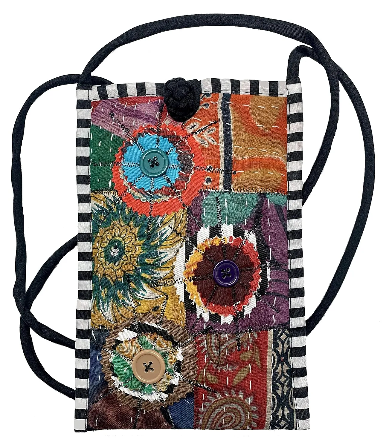 Women's Handmade Recycled Cross Body Cell Phone bag - Kantha Quilted Cotton Sari Fabrics - LRW DESIGNS