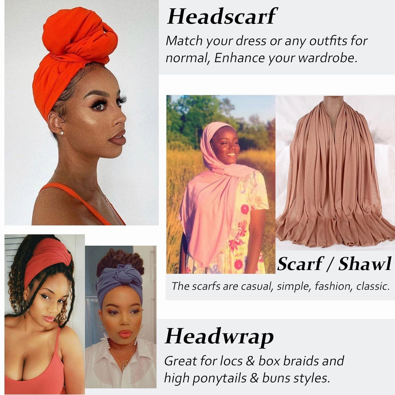 XTREND 4 Pieces Stretch Head Wrap Jersey Turban Fashion Headband African for Women Long Hijab Soft Breathable Turbans Tie (Black, Army Green, Leather Powder, Turmeric)