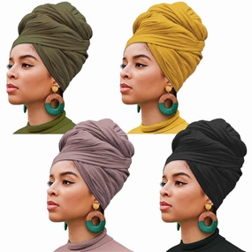 XTREND 4 Pieces Stretch Head Wrap Jersey Turban Fashion Headband African for Women Long Hijab Soft Breathable Turbans Tie (Black, Army Green, Leather Powder, Turmeric)