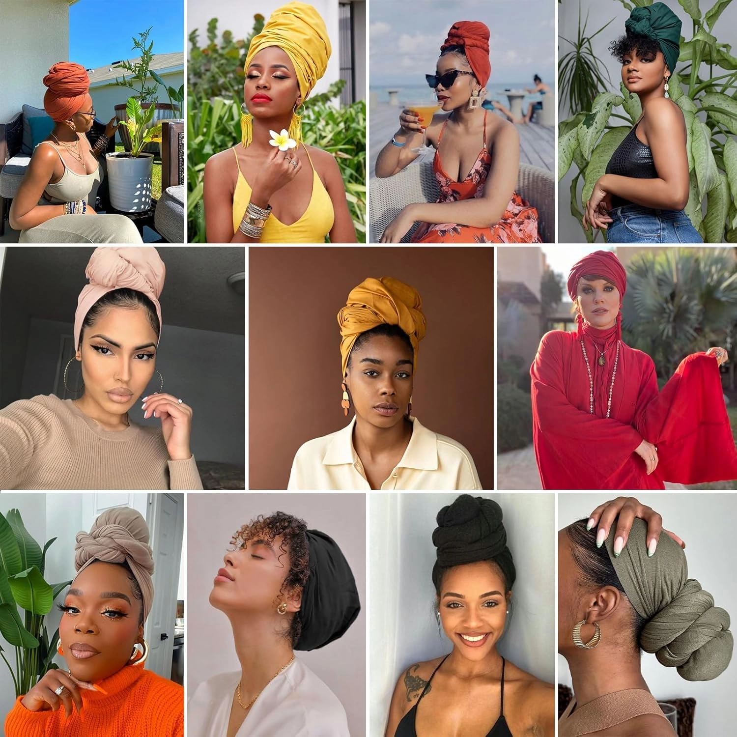 XTREND 4 Pieces Stretch Head Wrap Jersey Turban Fashion Headband African for Women Long Hijab Soft Breathable Turbans Tie (Black, Army Green, Leather Powder, Turmeric)