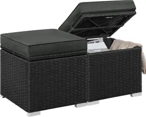 Yaheetech Wicker Ottomans, Set of 2 Patio PE Rattan Side Tables with Hidden Storage & Removable Cushion, Outdoor/Indoor Footstools, Additional Seating for Garden/Balcony/Yard, Black/Gray