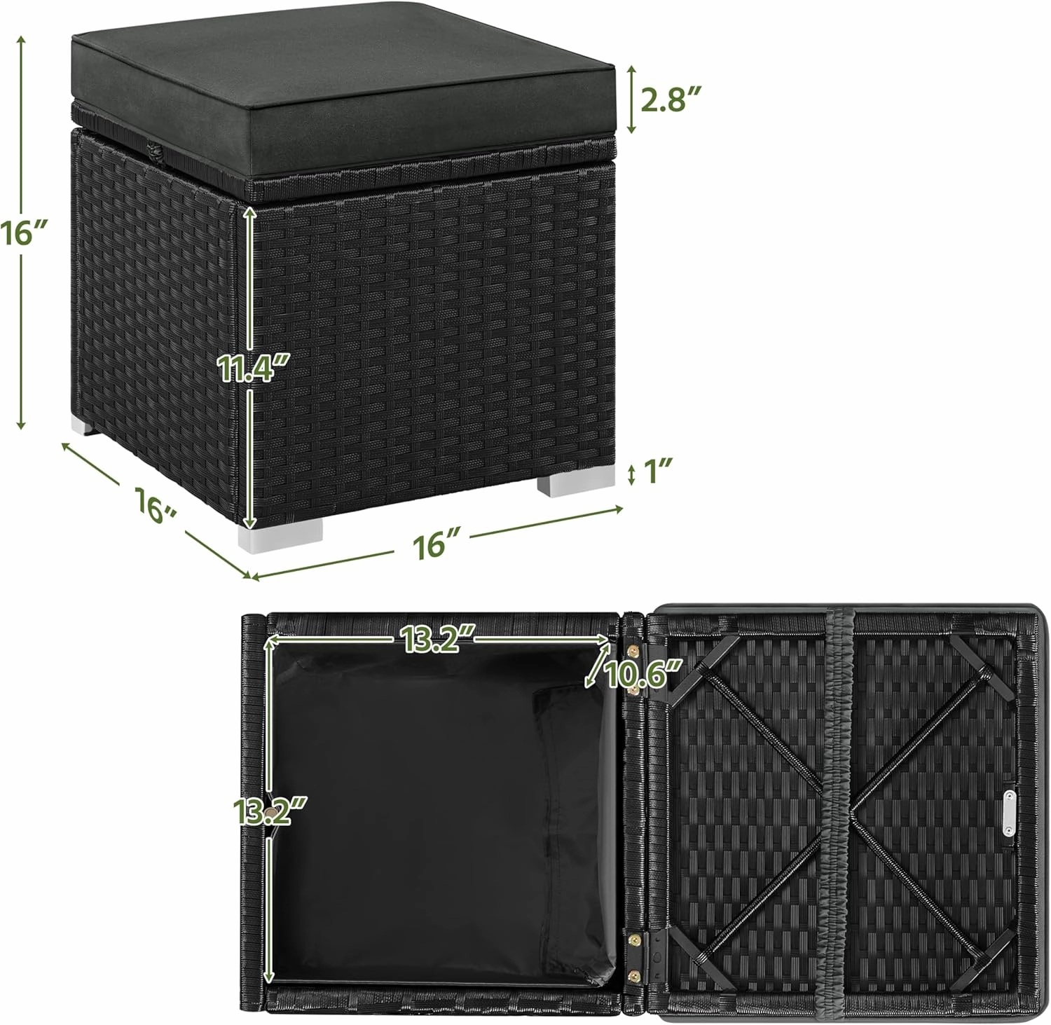 Yaheetech Wicker Ottomans, Set of 2 Patio PE Rattan Side Tables with Hidden Storage & Removable Cushion, Outdoor/Indoor Footstools, Additional Seating for Garden/Balcony/Yard, Black/Gray