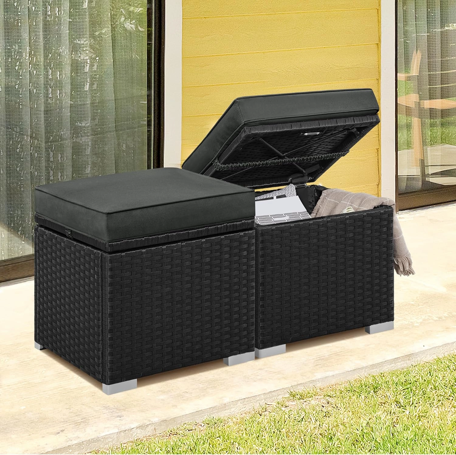 Yaheetech Wicker Ottomans, Set of 2 Patio PE Rattan Side Tables with Hidden Storage & Removable Cushion, Outdoor/Indoor Footstools, Additional Seating for Garden/Balcony/Yard, Black/Gray