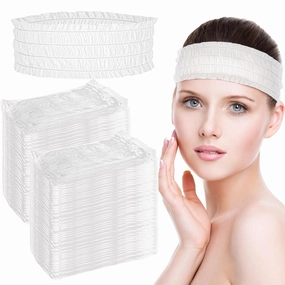 Yesland 200-Piece Disposable Spa Headbands, Soft Non-Woven Facial Hair Bands, Stretch Headwraps for Skin Care, Esthetician Salon, Makeup, Sauna - Individually Packaged for Women & Girls, White