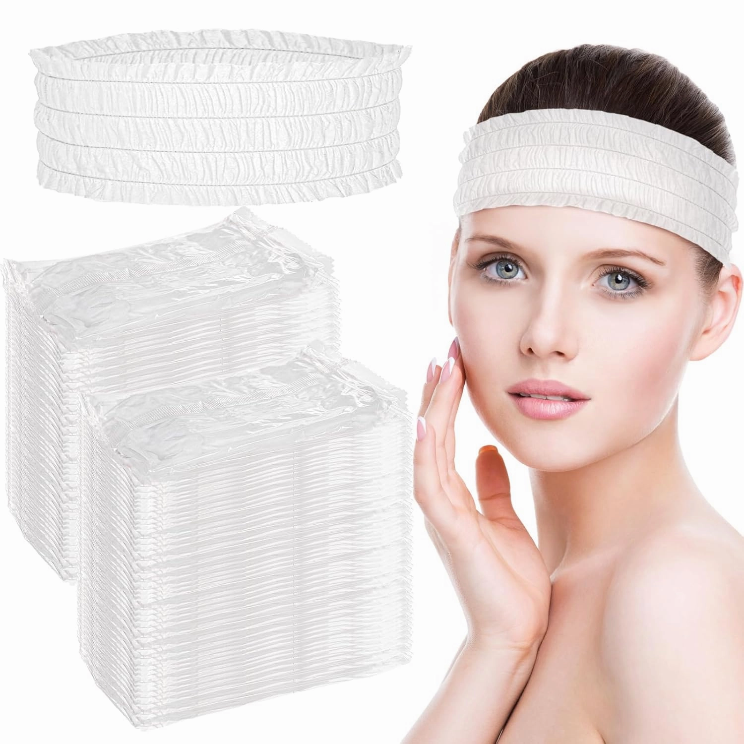 Yesland 200-Piece Disposable Spa Headbands, Soft Non-Woven Facial Hair Bands, Stretch Headwraps for Skin Care, Esthetician Salon, Makeup, Sauna - Individually Packaged for Women & Girls, White