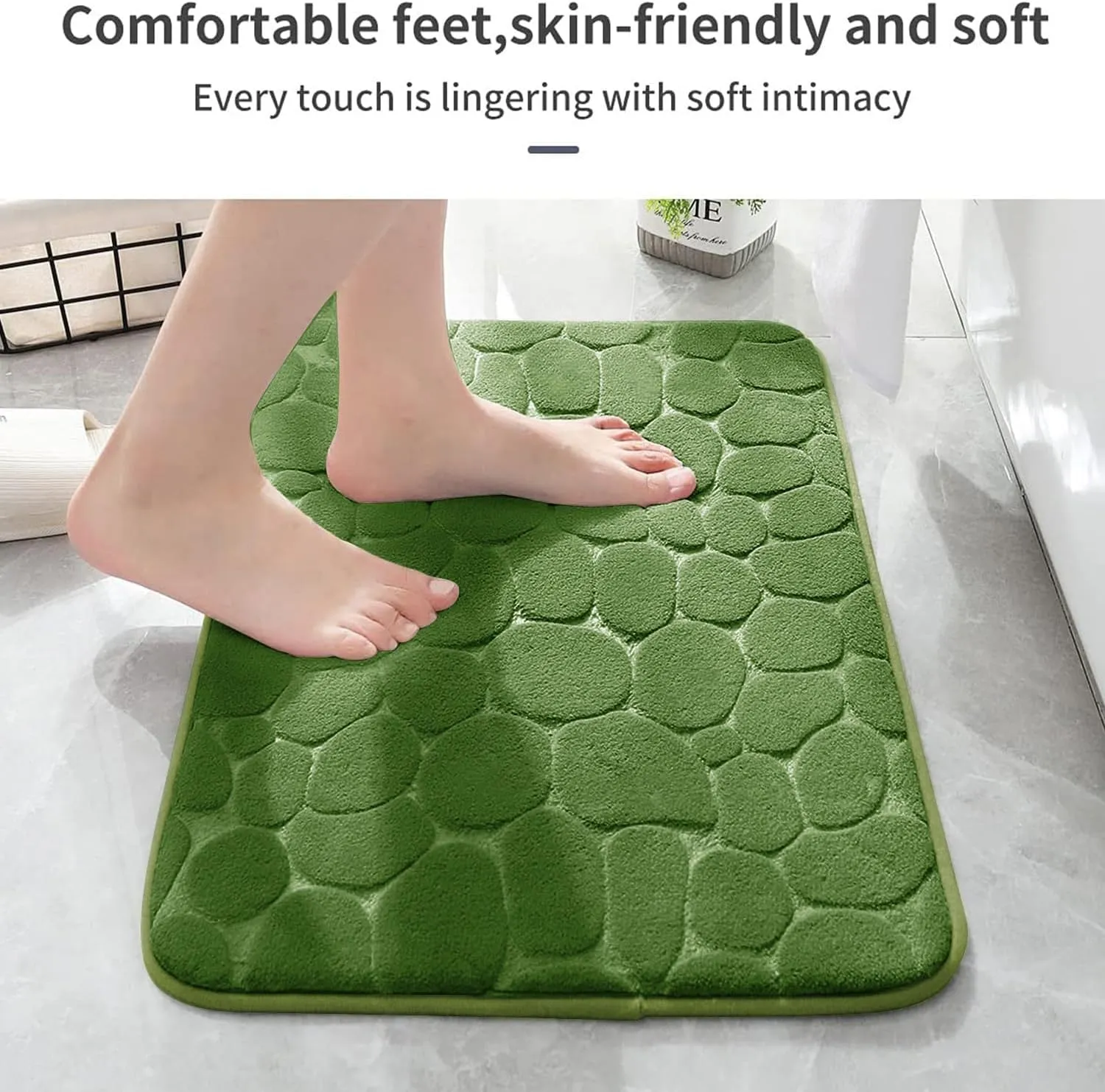 YIHOUSE Memory Foam Bath Mat Cobblestone Bathroom Rugs Super Water Absorbent Bath Mats for Bathroom Machine Washable Bath Rugs(20 x 47,Green)