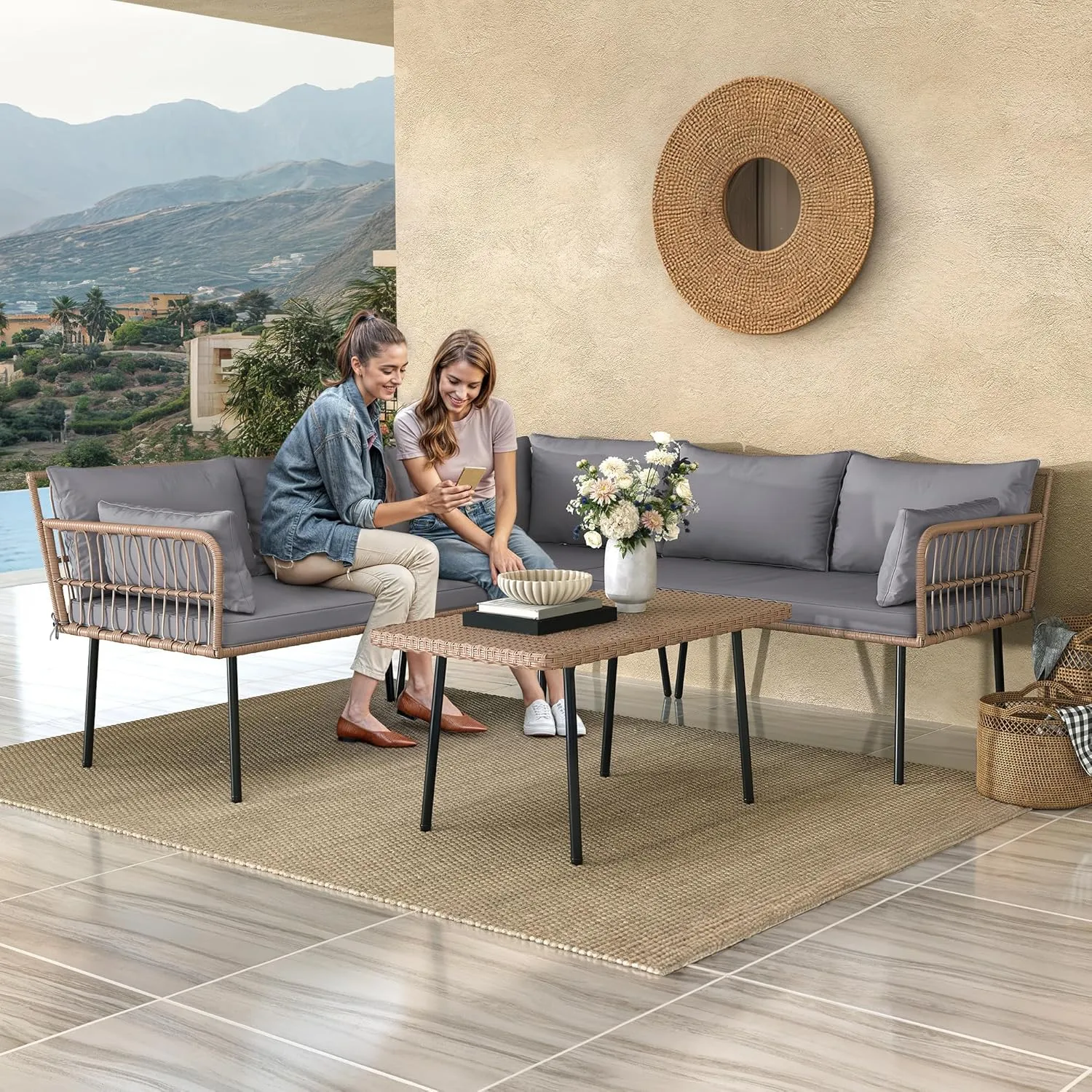 YITAHOME 4-Piece Wicker Patio Furniture Set, All Weather PE Rattan Conversation Set Sectional Sofa with Soft Cushions & Side Table, Porch Furniture for Deck, Balcony, Backyard - Grey