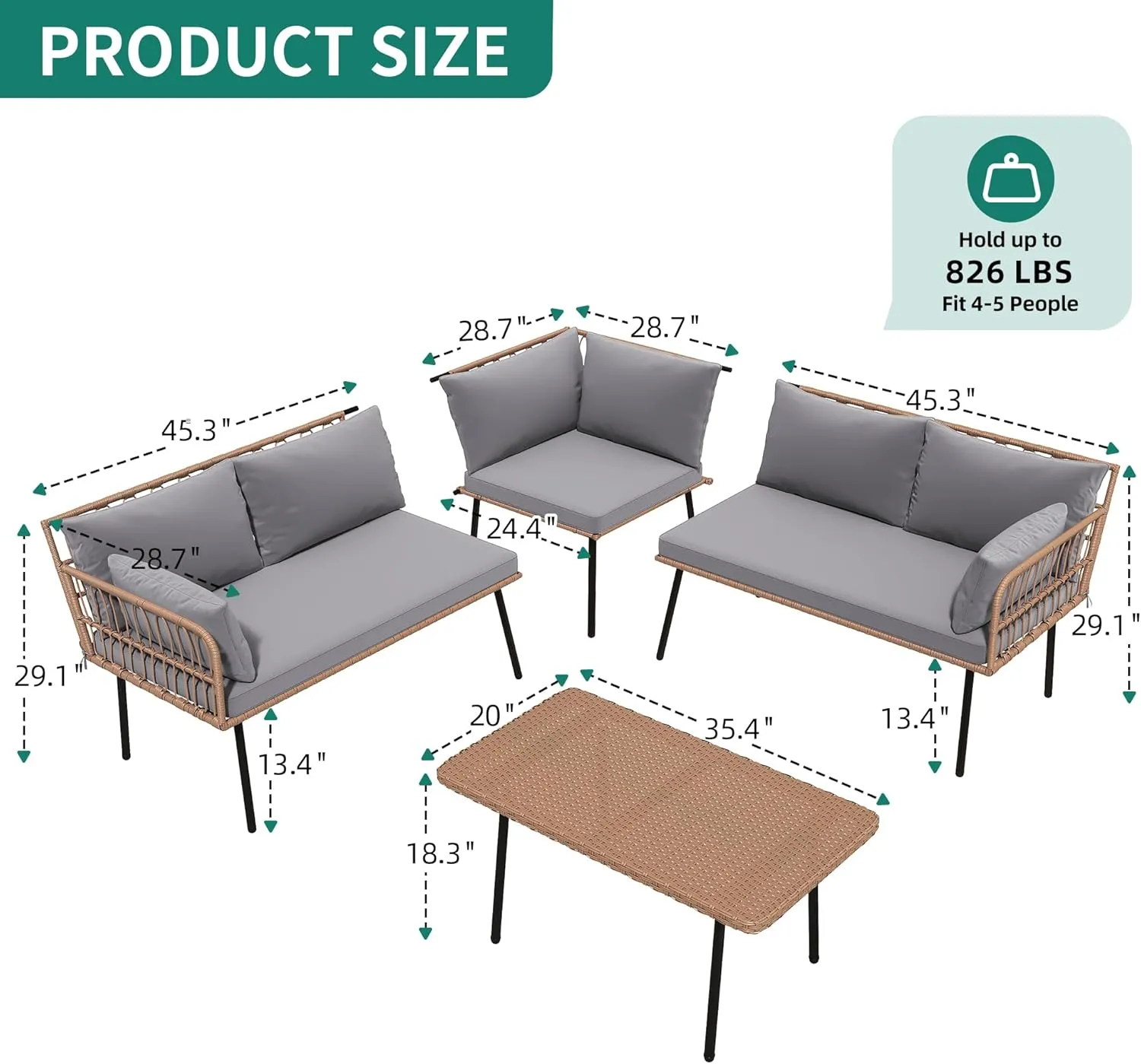 YITAHOME 4-Piece Wicker Patio Furniture Set, All Weather PE Rattan Conversation Set Sectional Sofa with Soft Cushions & Side Table, Porch Furniture for Deck, Balcony, Backyard - Grey
