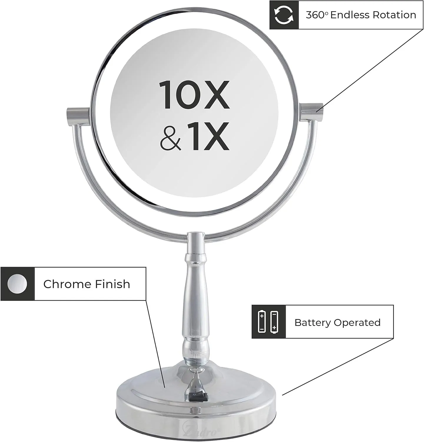 Zadro 9" Round LED Makeup Mirror with Lights and Magnification 5&10X/1X AA Battery Operated Swivel Lighted Makeup Mirror