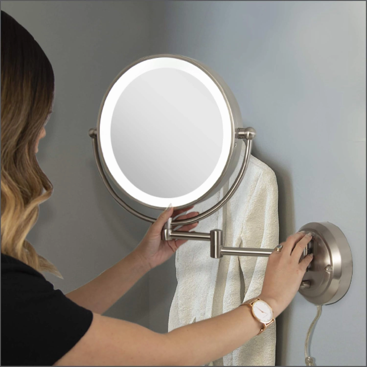 Zadro 14" Round Fluorescent 5X/1X Bathroom Magnifying Mirror Wall Mounted Makeup Mirror 20" Extendable Shaving Mirror