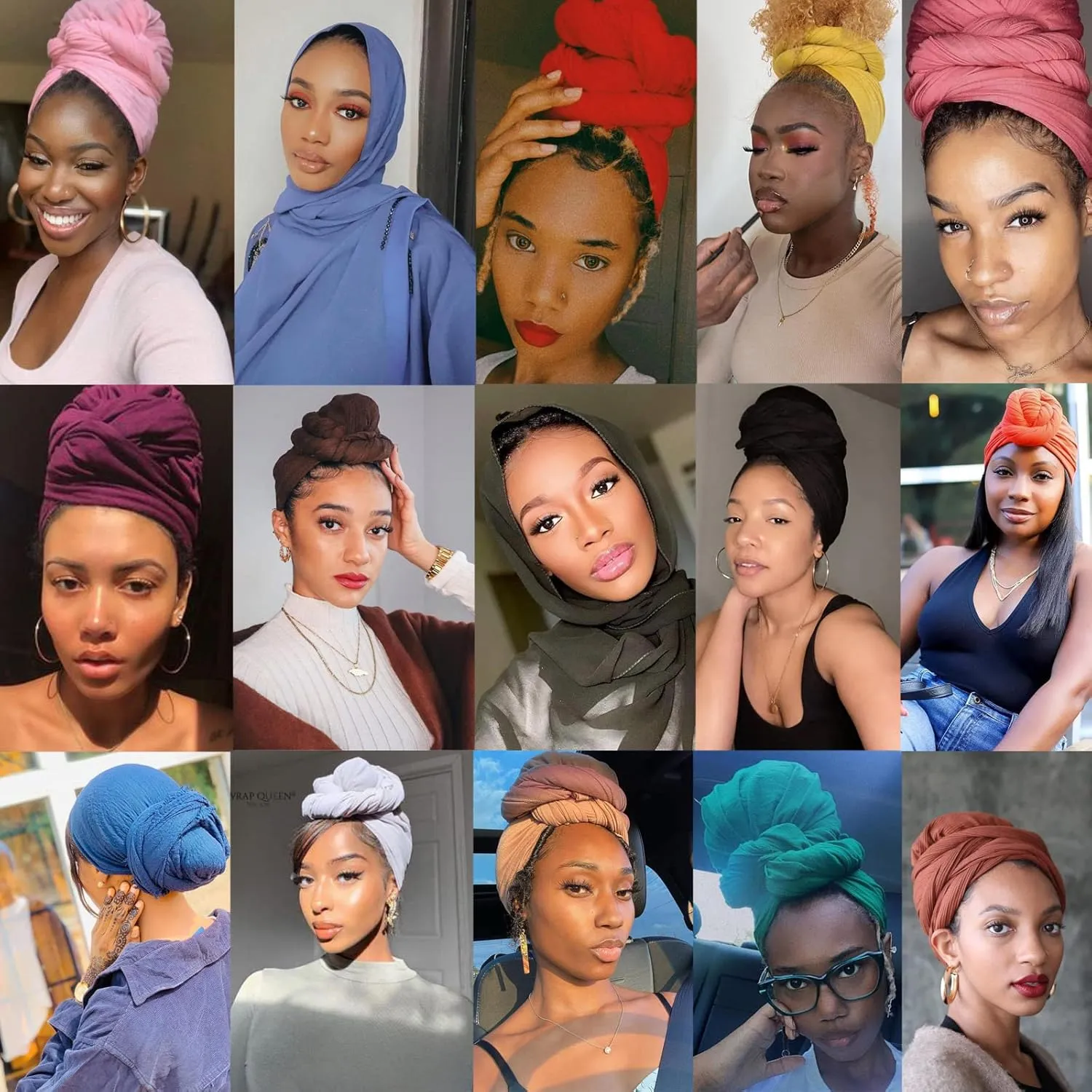 ZRQ 5 Pieces Stretch Turban Headwraps African Women's Hijab Muslim Soft Breathable Hair Scarf Tie Apply for Locs Braid Headband Fashion Women Hijab (Black,Army Green,Leather Powder,Turmeric,Beige)