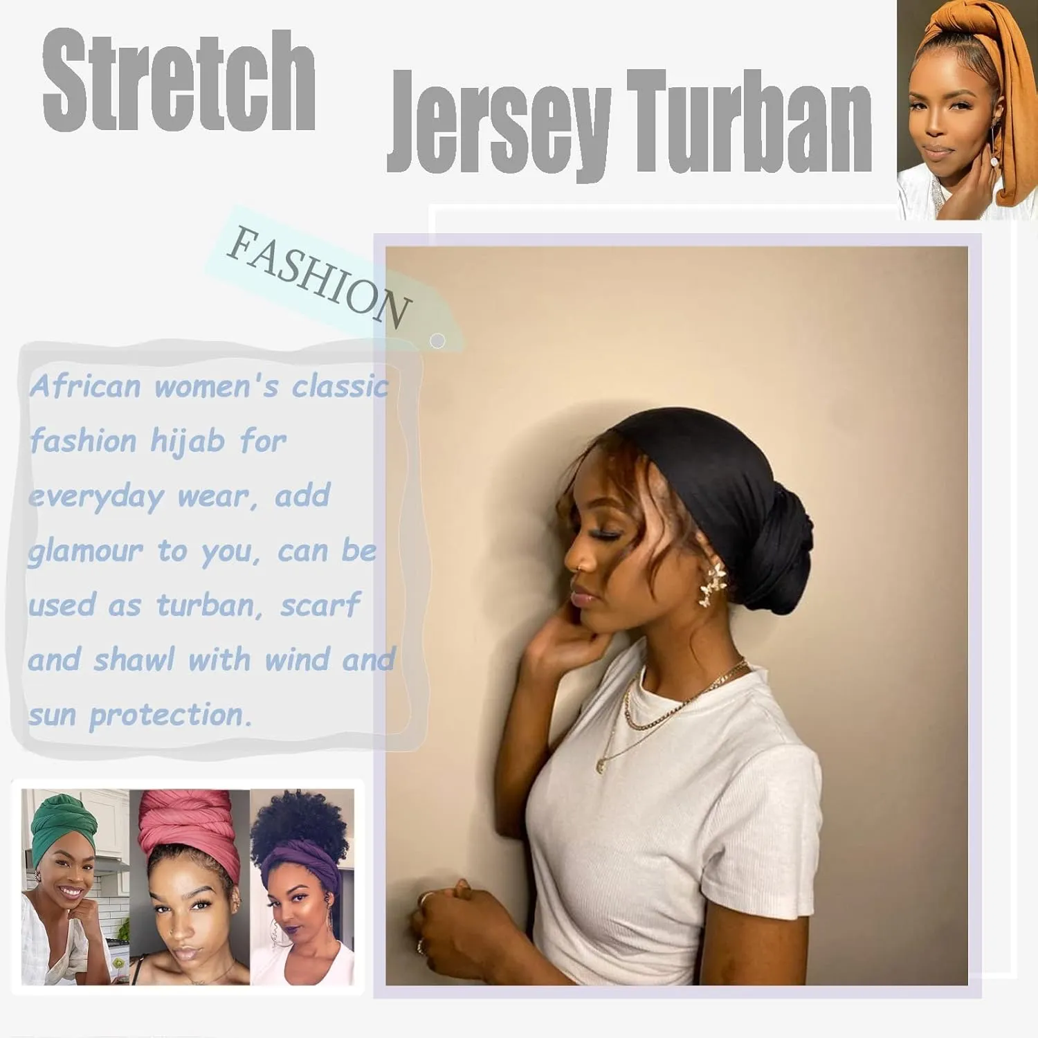 ZRQ 5 Pieces Stretch Turban Headwraps African Women's Hijab Muslim Soft Breathable Hair Scarf Tie Apply for Locs Braid Headband Fashion Women Hijab (Black,Army Green,Leather Powder,Turmeric,Beige)